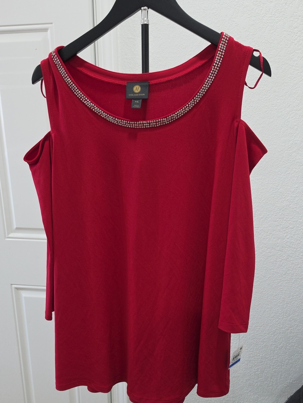 Collection B Red Cold-Shoulder Jewel-Trim Tunic Top